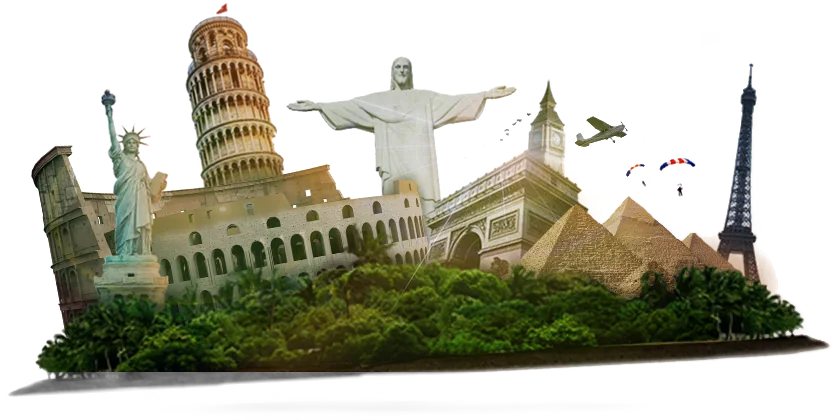 World landmarks: the Colosseum, Leaning Tower of Pisa, Statue of Liberty, Big Ben, the Pyramids and the Eiffel Tower